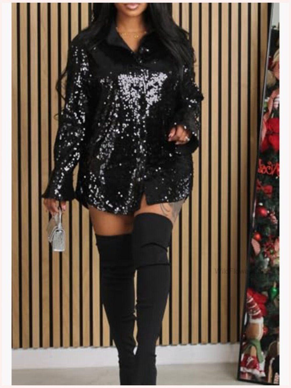 Sequin Button Down Shirt Dress Long Sleeve Sparkly Glitter Blouse Mini Dress - Picture 2 of 6